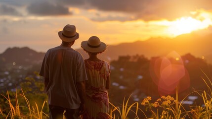 Couple standing on a hillside watching the sunset wearing hats surrounded by tall grass and wildflowers.