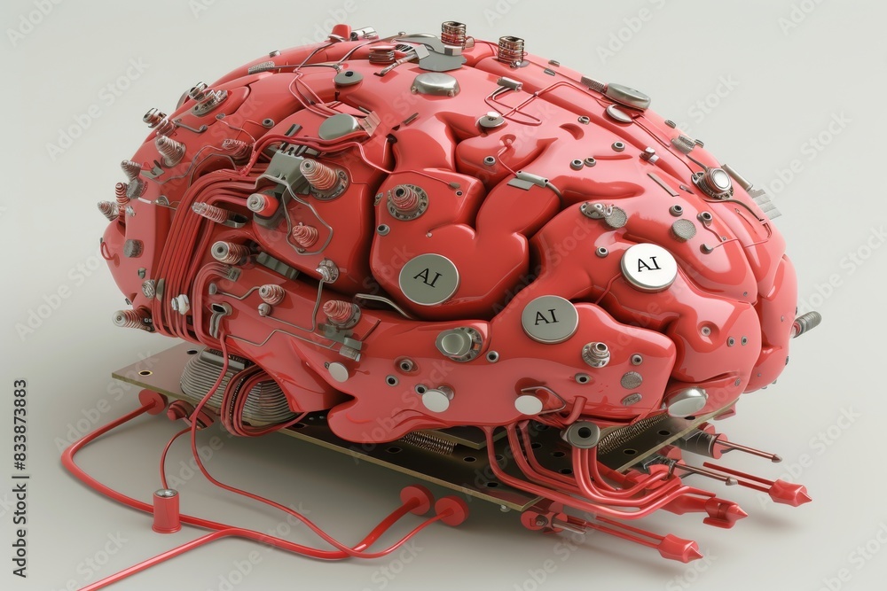 Poster steampunk inspired brain model with gears and mechanical components, representing fusion of technolo