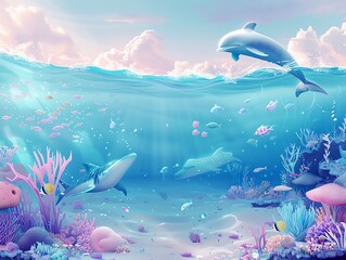 A beautiful painting of a coral reef with dolphins, sharks, and various species of fish