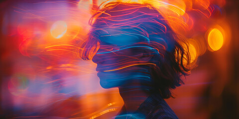 Vibrant Silhouette of Woman with Neon Lights in Dynamic Abstract Urban Background