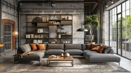 Modern industrial living room with large sectional sofa, bookshelves, and floor-to-ceiling windows, designed with stylish decor and cozy ambiance.