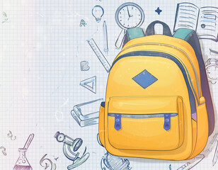 Back to school banner or poster featuring a yellow backpack with school supplies drawings on a lined school notebook background.