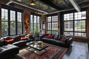 Modern industrial loft with large windows, black leather sofas, and eclectic decor, creating a cozy and stylish living space.