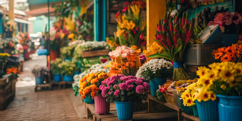 Vibrant Flower Market with Colorful Bouquets in Bright Pottery