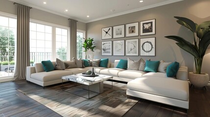 Fototapeta premium Modern living room with large beige sectional sofa, teal pillows, artwork, plants, and natural light through floor-to-ceiling windows.
