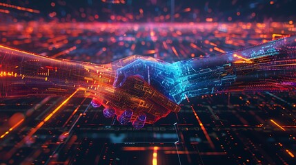 Fototapeta premium Two robotic hands reach out to each other in a futuristic, digital world. The image is full of vibrant, neon colors and glowing lines.