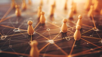 Wooden figures connected by a network of lines, representing collaboration and teamwork.