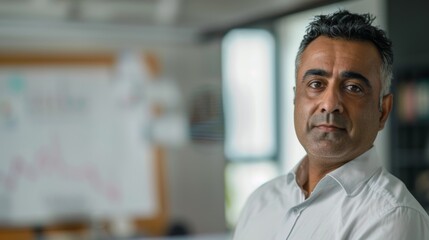 Obraz premium A man with a serious expression wearing a white shirt standing in an office with a whiteboard in the background.