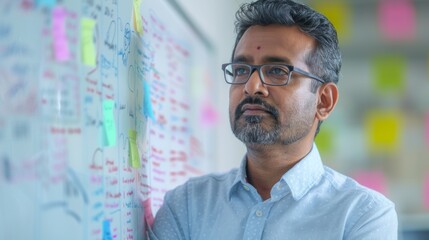 A man with a contemplative expression wearing glasses standing in front of a whiteboard filled with notes and colorful sticky notes suggesting a brainstorming session or a meeting in progress.