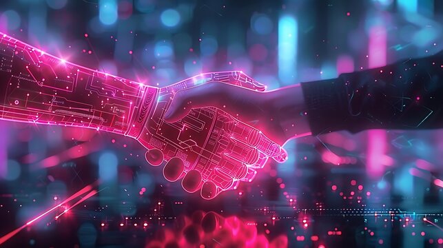 A futuristic handshake between a human and a digital entity, symbolizing collaboration and progress.
