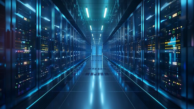 A futuristic server room with glowing blue lights and rows of servers.