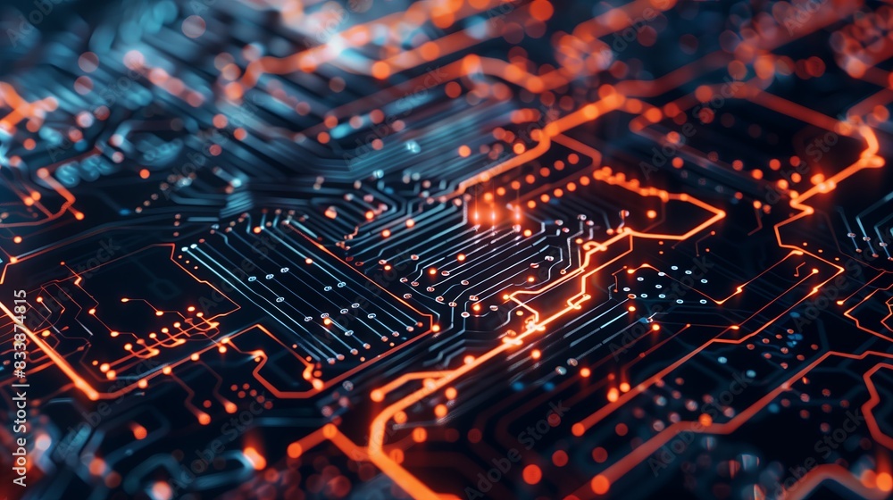 Poster Computer motherboard with integrated hardware and processor. Digital technology, blue circuit board, and microchip. Science, communication, and information system. Abstract