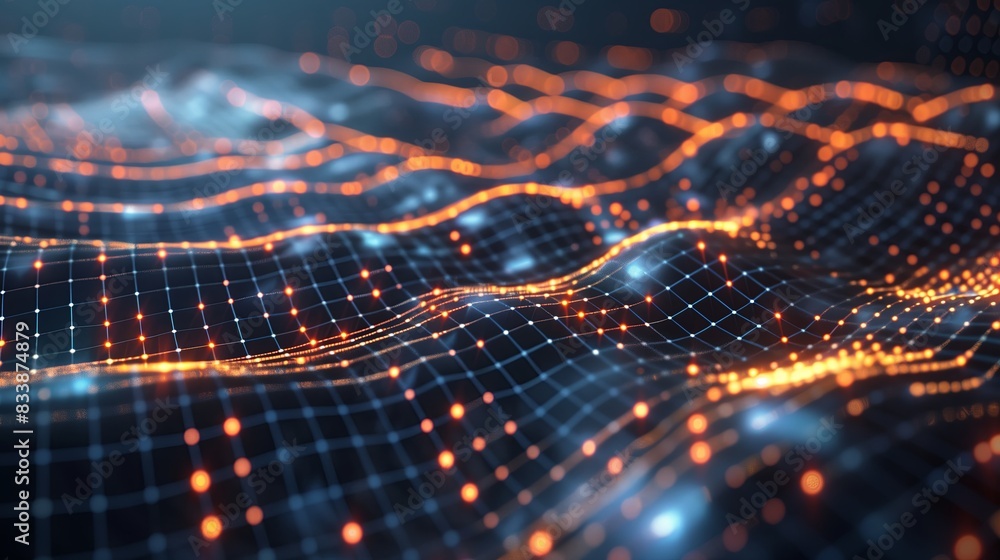 Poster Futuristic digital technology network with science background. Abstract blue tech concept, geometric grid, mesh wave space. Connection line wallpaper, data particle dot. Big