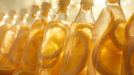 Lemonade bottles with lemon slices, illuminated by sunlight.