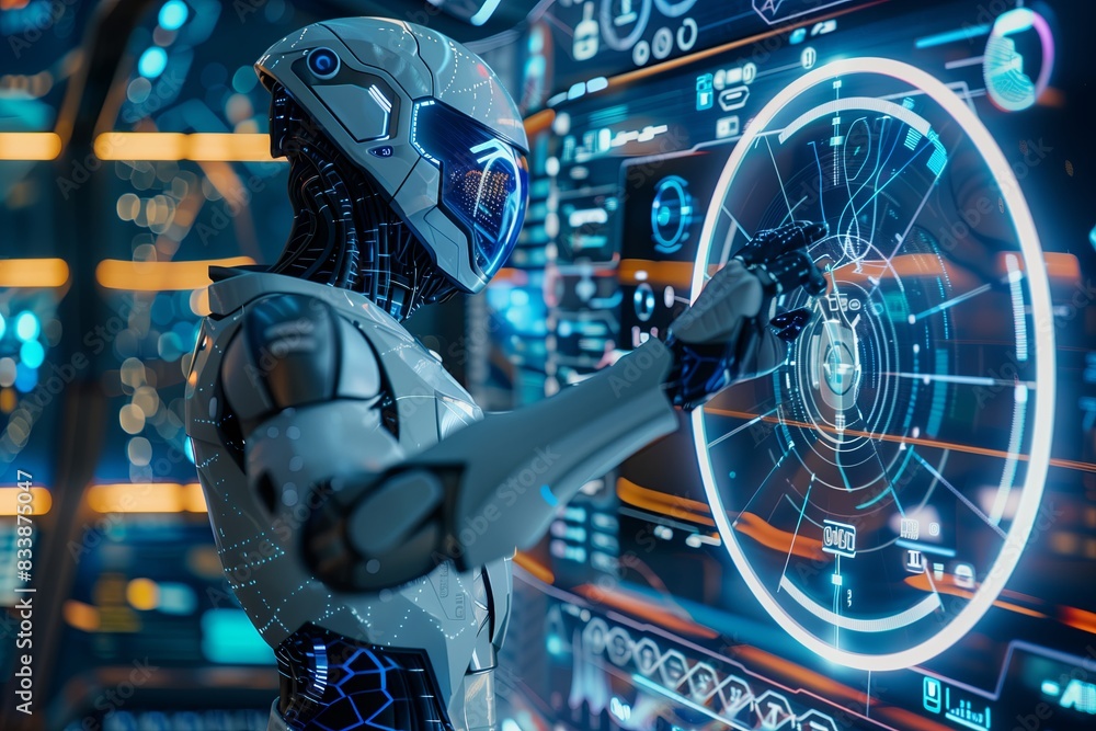 Aufkleber Futuristic robot in digital technology. Future machine hand, business artificial intelligence, and computer tech concept. Man blue cyber science AI mechanical arm. System