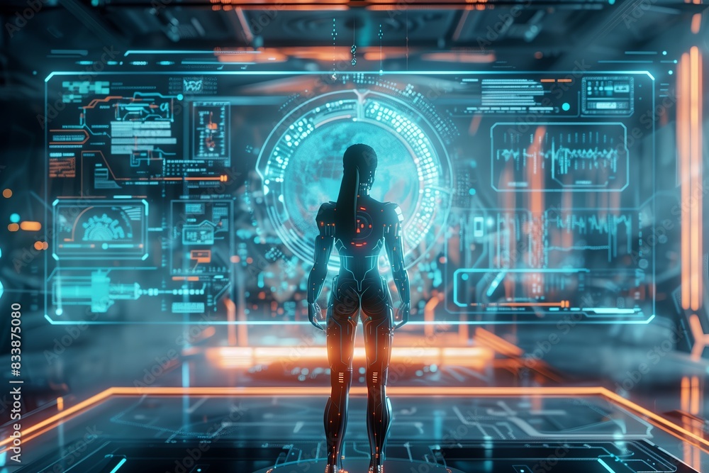 Aufkleber Futuristic technology concept with digital science. Screen future intelligence, blue computer artificial cyborg interface. Communication robot cyber AI background, business