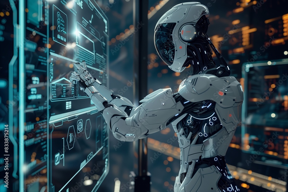 Poster Digital futuristic robot technology with cyborg future artificial intelligence. Science machine AI android hand arm system. Concept cybernetic computer communication,