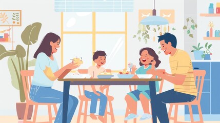 A happy family of four enjoys a meal together at their kitchen table.