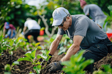 A man in a grey shirt and black gloves tends to a young plant in a garden, surrounded by fellow gardeners.