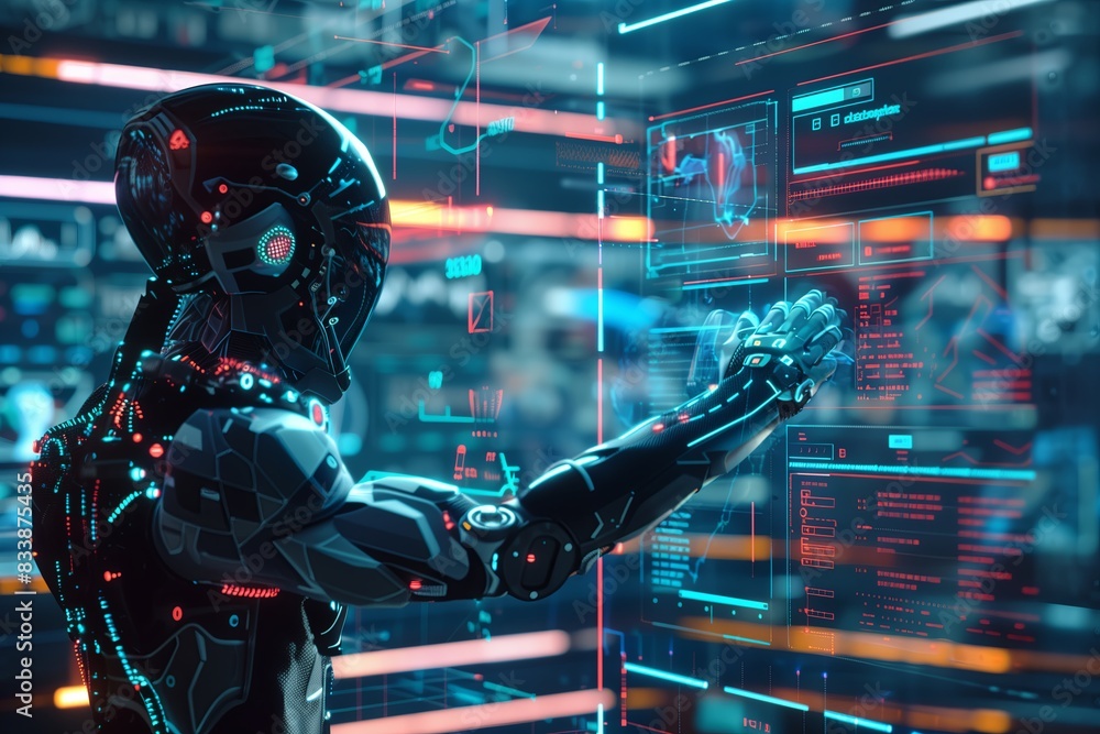 Poster Futuristic technology robot with digital cyborg computer science. Business intelligence future network artificial data interface. Blue communication, information concept, hand