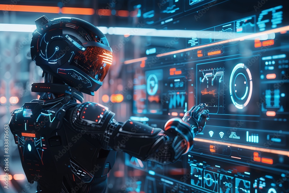 Poster futuristic technology in science robot concept. future blue digital space background, cyborg person 