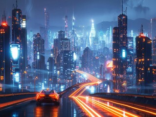 Fototapeta premium Futuristic Cityscape with Neon Lights and Modern Infrastructure