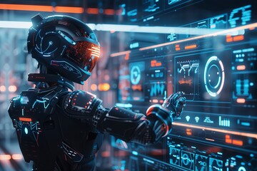 Futuristic technology in science robot concept. Future blue digital space background, cyborg person artificial cyber planet. Modern innovation network, communication helmet