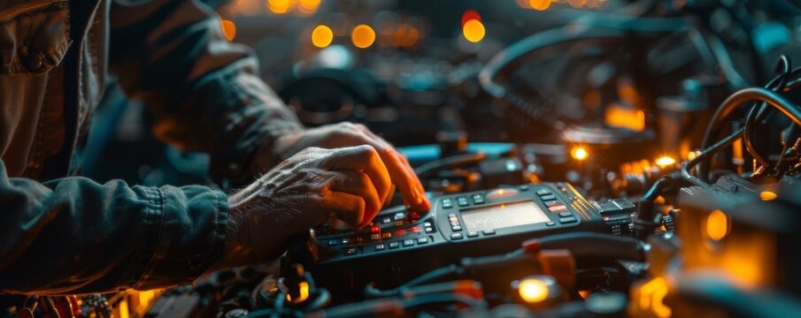 Engineer Analyzing Machinery with High-Tech Equipment in Workshop