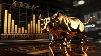 A golden bull statue stands in front of a glowing.