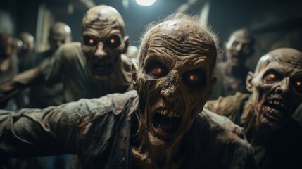 Group of zombies are walking with wearing tattered clothes and have pale