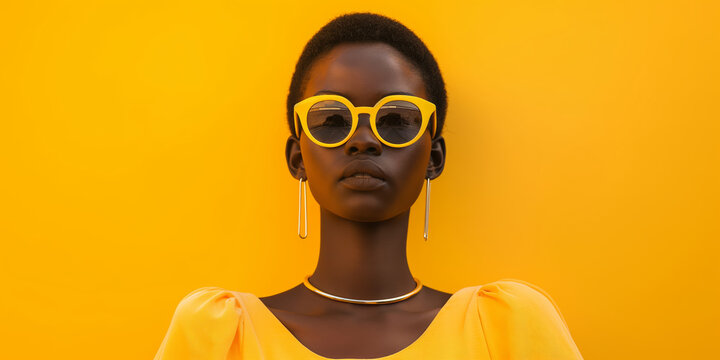 Stylish Woman in Yellow Sunglasses and Dress Against Vivid Yellow Background