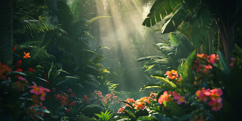 Obraz premium Lush Tropical Rainforest with Sunbeams and Colorful Flowers