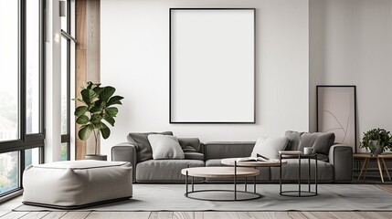 Interior room design with modern white frame. Sofa wall, floor style furniture background. Home living poster decor, blank picture template, art canvas house. Identity image