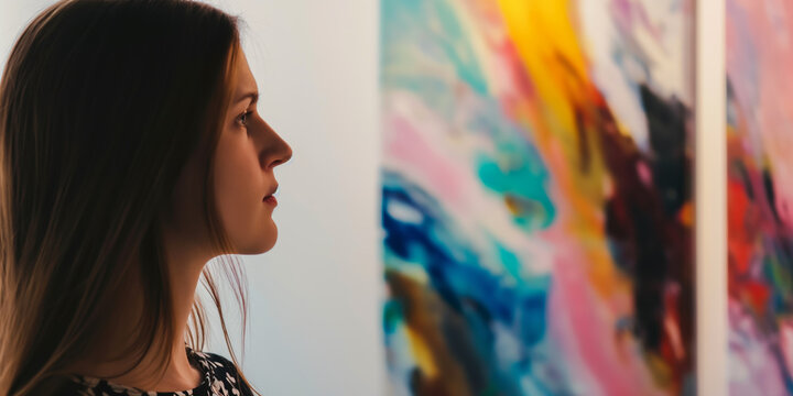 Young Woman Observing Vibrant Abstract Art at Contemporary Gallery Exhibition