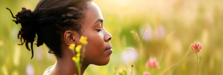 Naklejka premium Peaceful Woman Meditating in Nature Among Wildflowers During Golden Hour