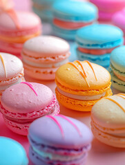 Obraz premium Colorful macarons in pastel hues arranged in rows.