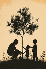 Obraz premium Father's Day Vector Design: Growing Love - Father and Children Planting Tree Together, Symbolizing Family Bond and Growth