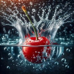 Single Red Cherry Splashing Into Water