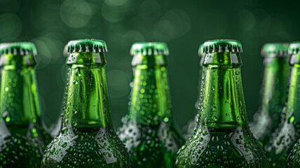 Green beer bottles with condensation, some blurred, on a dark background.