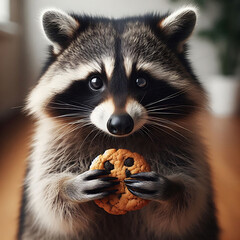 Close-up of a raccoon stealing cookies in the kitchen