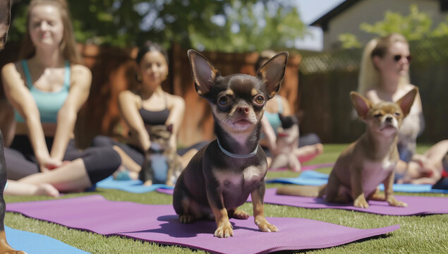In the backyard, students practice yoga with their tiny Chihuahuas on mats, combining fitness and pet bonding for a unique experience. Ideal for animal-friendly wellness activities. Generative AI.