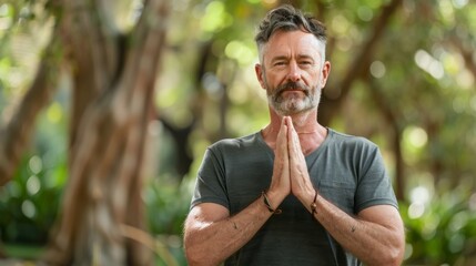 Man with beard and mustache standing in forest hands clasped in prayer wearing gray t-shirt surrounded by blurred greenery.