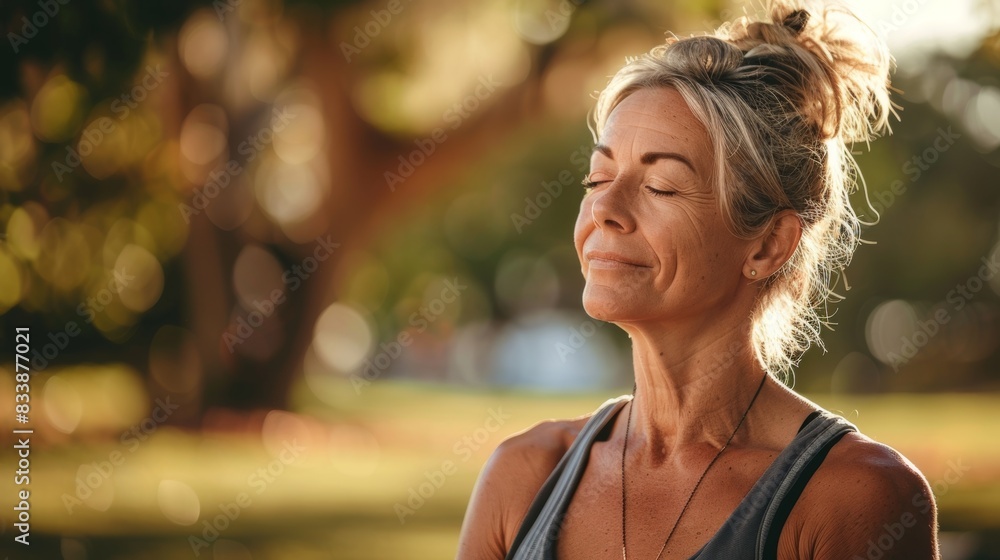 Wall mural Woman with closed eyes smiling standing in sunlight wearing a sleeveless top with her hair up in a park or garden setting with soft focus on the background.