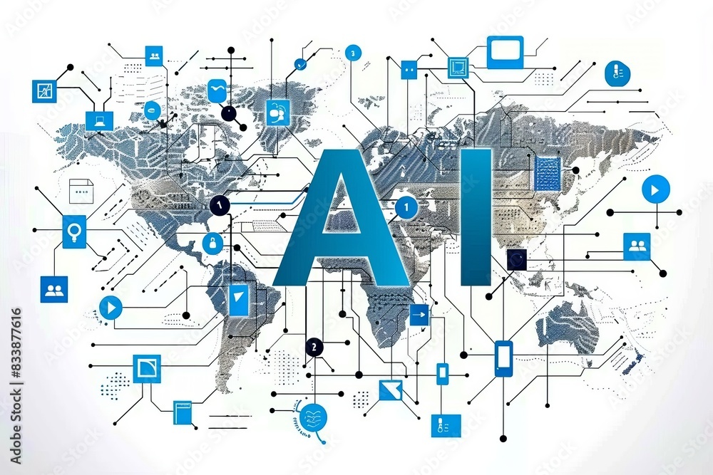 Poster AI Concept with Various Digital Icons, Depicting the Integration of Artificial Intelligence in Everyday Technology