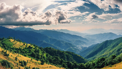 Hills with clouds top panoramic landscape view from hill station with copyspace, 16:9, 300dpi