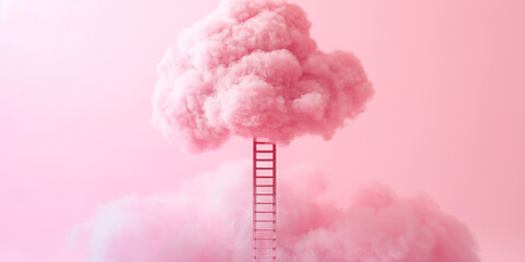 Surreal Pink Cloudscape with Ladder to Dreamy Heights   Conceptual, Imaginative and Whimsical Art