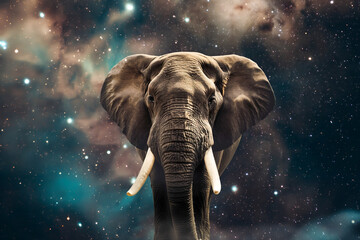 Majestic Elephant Against Starry Cosmic Background in Surreal Space Scene