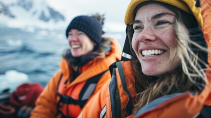 Two women in orange jackets and helmets smiling and looking to the side with a backdrop of snow-covered mountains and a body of water.