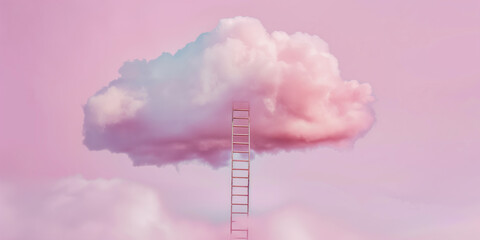 Surreal Pink Cloud with Ladder Climbing to the Sky   Dreamy and Whimsical Concept