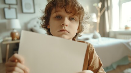 Young boy with curly hair holding a blank piece of paper standing in a room with a window and a bed in the background.